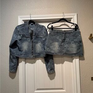 Floral Blue Denim Jacket and Skirt for Women